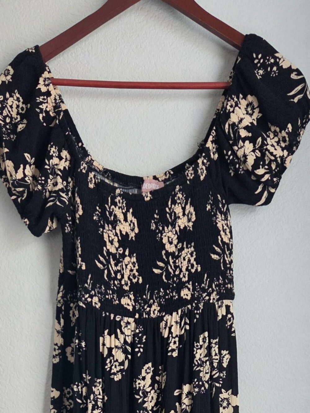 Faded Rose Black Floral Smocked Midi Dress M Cottagecore Puff Sleeve